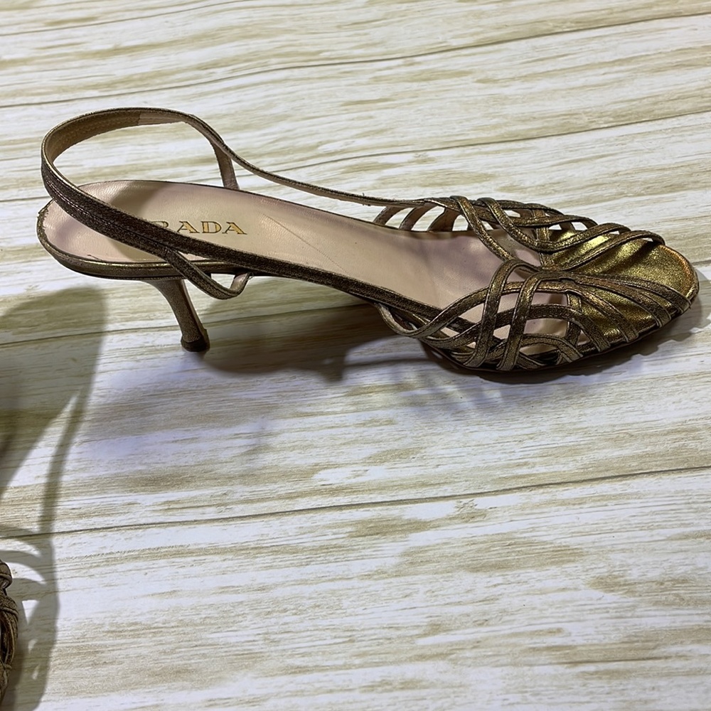 Prada womens 39 US 8 gold shine leather strap heel shoes EUC made in Italy EUC - Picture 3 of 8